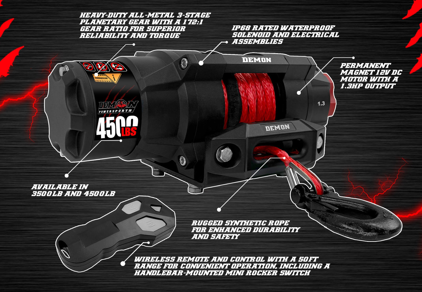 4500lb synthetic Rope Heavy Duty UTV Winch w/ wireless remote